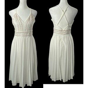 LULUS Women Meet Me In Madrid Beaded Crisscross Maxi Dress Sz M White Event
